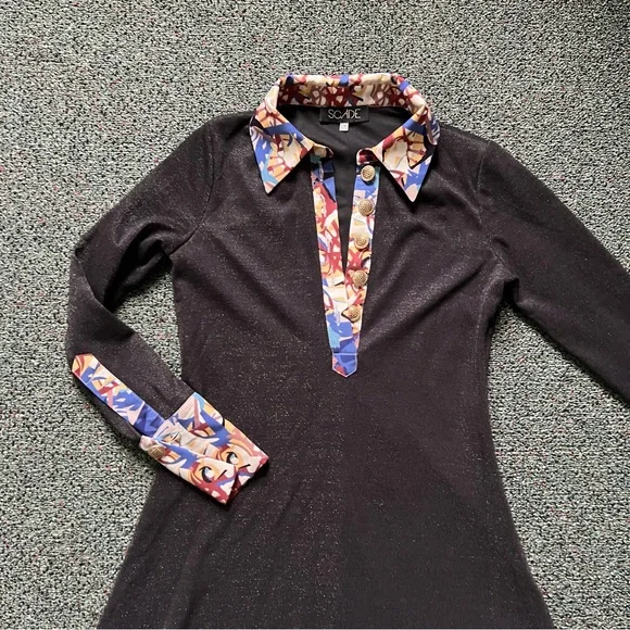 Modest Black Glitter & Vintage Floral Antique Gold Button Fit & Flare Dress Sz S - Picture 6 of 16